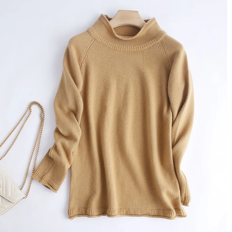 LHZSYY осенне-зимний женский свитер из чистого кашемира, модный Свободный вязаный пуловер с высоким воротником, короткий теплый свитер - Цвет: Хаки