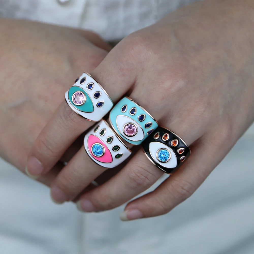 Gold Color Rings Finger Ring Gold Color Ring Adjustable Rings Gold Color Pink Enamel Turkish Evil Eye Women Finger Band Ring Boho Bohemia Fashion Lucky Jewelry Adjustable Size