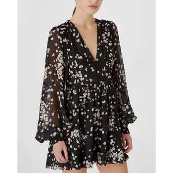 

Women Dress Vintage Lantern Sleeve Floral Rose Silk Mini Dress