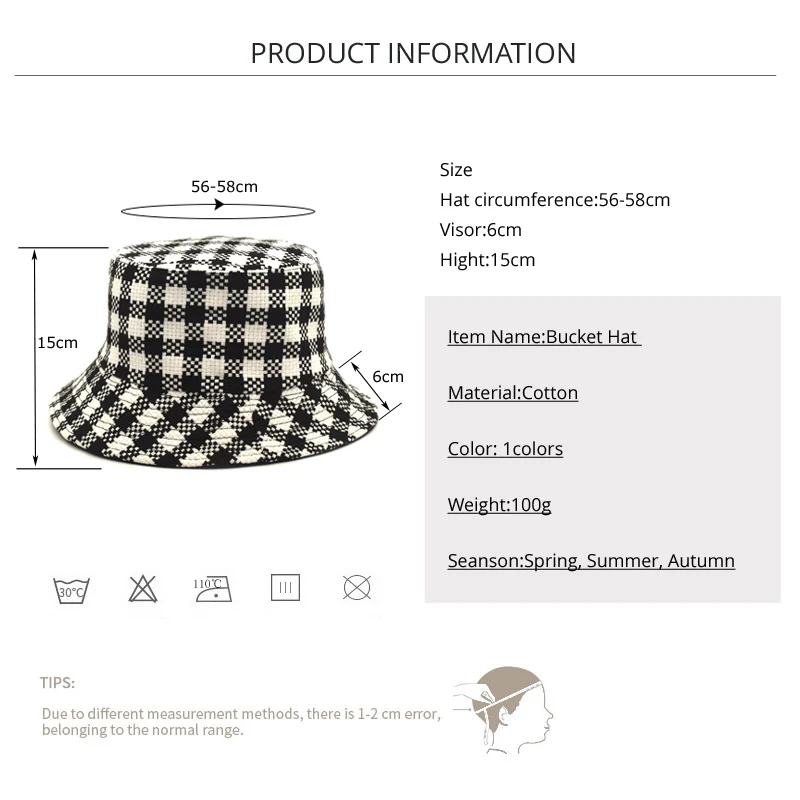 FUODRAO New Spring Autumn Women Hat White Black Plaid Bucket Hat Reversible Casual Panama Outdoor Fisherman Hat M78