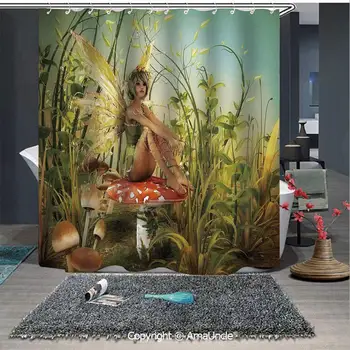 

Washable Home Bath Decor Waterproof Shower Curtains Little Fairy Elf with Wings Flying and Mushroom in The Enchanted Forest