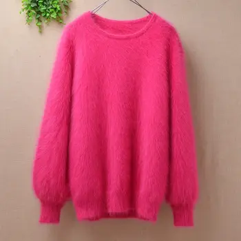 

elegant fashion women Christmas fluffy plush mink cashmere loose o-neck angora rabbit long sleeve knitted pullover sweate M SIZE