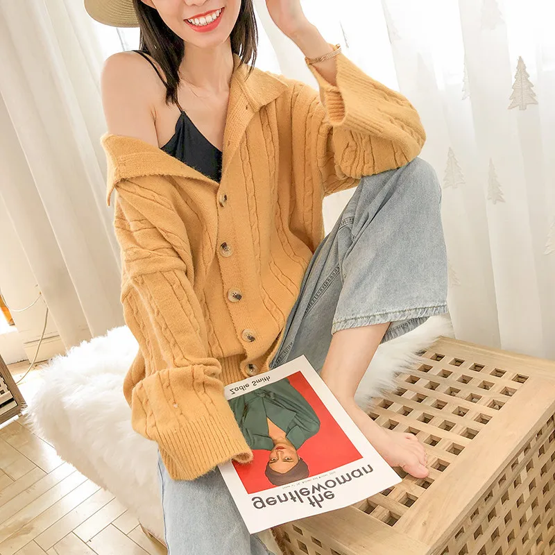 yellow Корейский стиль, женский кардиган, свитер, воротник с лацканами, однотонный трикотаж, однобортный Повседневный вязаный кардиган, одежда женская, зеленый, белый - Цвет: yellow