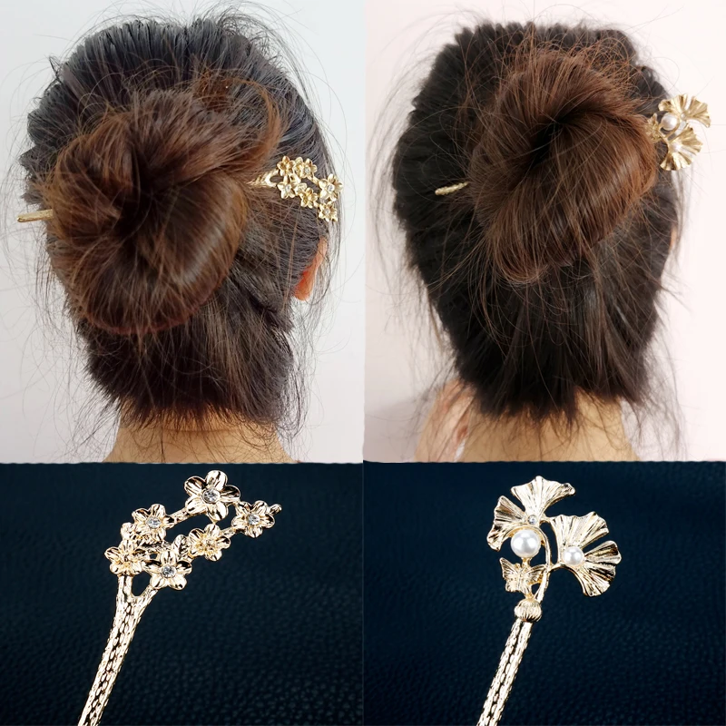 

Chinese Style Retro Women Golden Wiry Enamel Pearl Flower and Leaf Metal Hair Stick Hairpin Handmade Hair Accessories Jewelry-15
