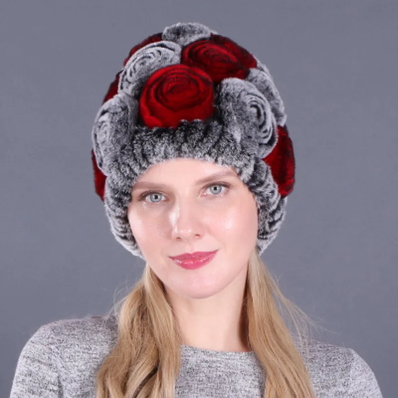 Женская шапка, зимние шапки из искусственного кроличьего меха, цветочные однотонные шапки с черепами, вязаные шапки ручной работы, женская Лыжная утолщенная теплая шапка для девочек - Цвет: 4