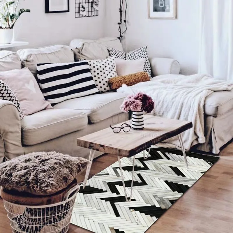 American style cowhide patchwork carpet big size genuine cow leather black and white striped decorative bedside rug 80x160cm | Дом и сад