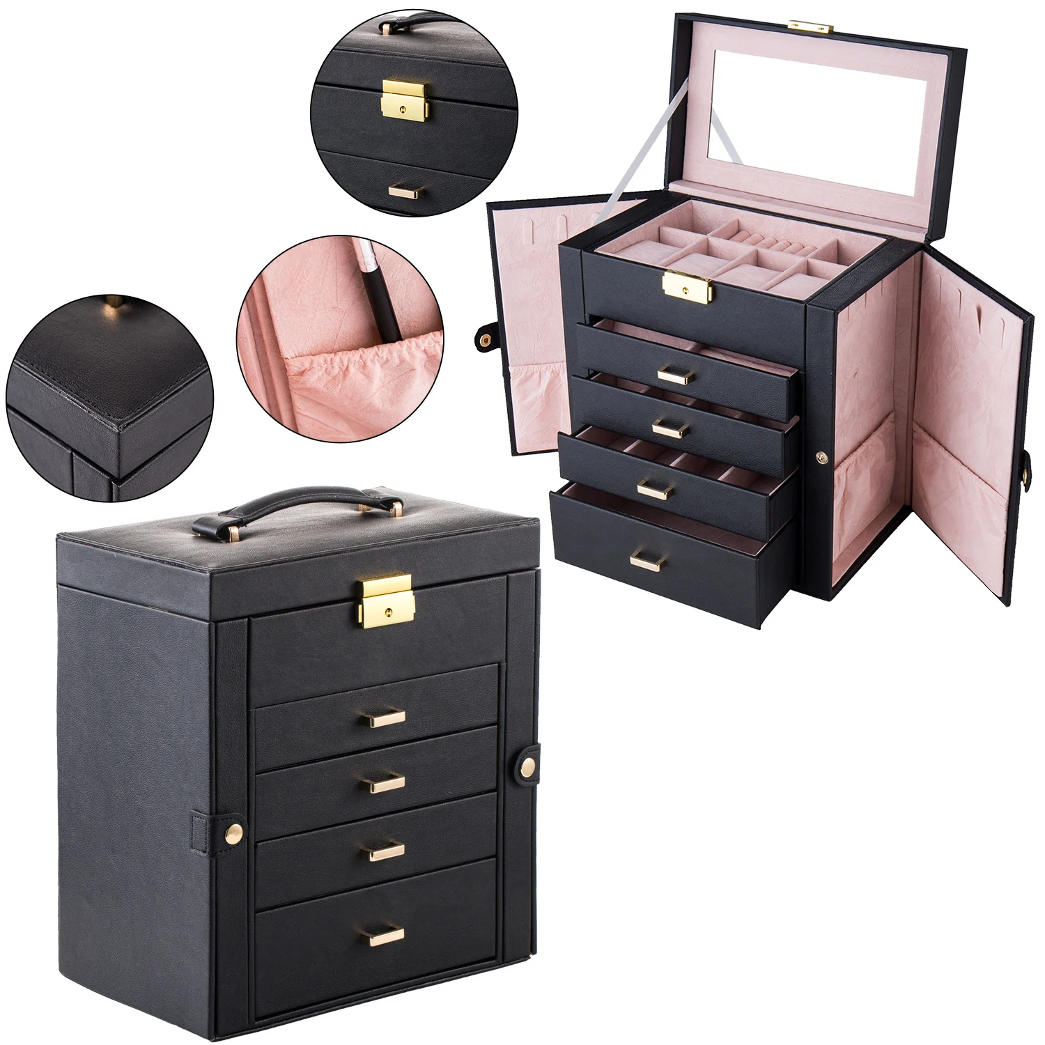 

Huge Jewelry Storage Box Mirrored Watch Organizer Necklace Ring Earring Storage Lockable Gift Case Synthetic Leather 5 Layer