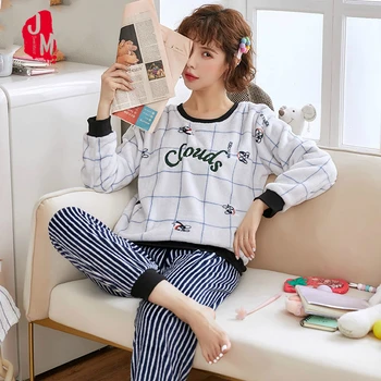 

Warm Winter Women's Pajamas Set Flanne Lwinter Long Sleeves Pajama for Women Coral Fleece Pyjama Female Pijama Suit Pyjama Women