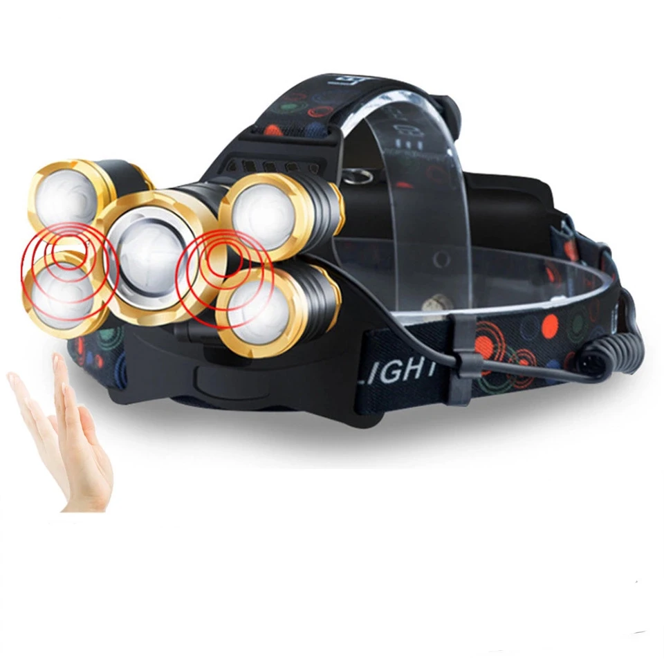 

Rechargeable Smart IR Sensor LED Headlamp Light 40000LM 5 LED T6 Zoom High Power Waterproof Fishing Lantern Head Torch Use 18650