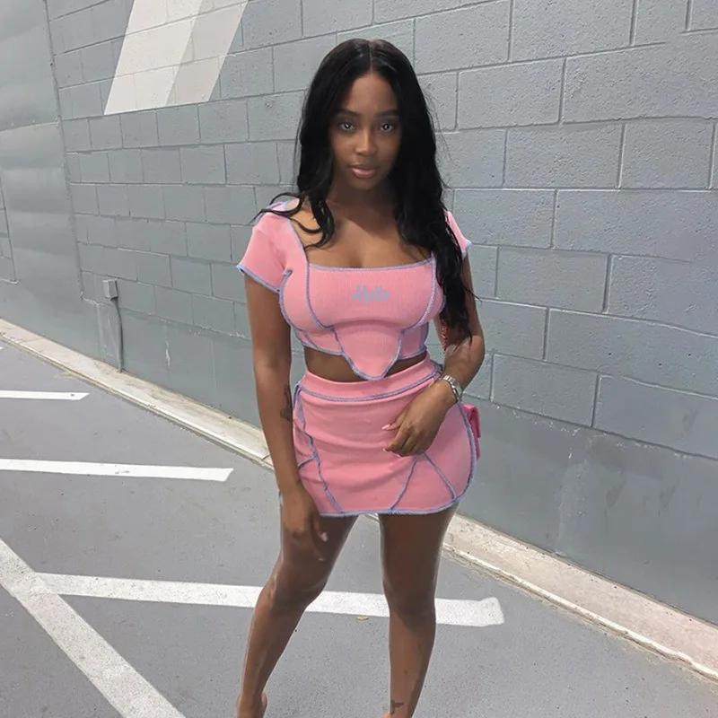 

2020 Fashion Summer Sets Women Short Sleeve T-Shirt Short Crop Top Square Collar Tops +High Waist Mini Skirt Streetwear 2Pcs Set