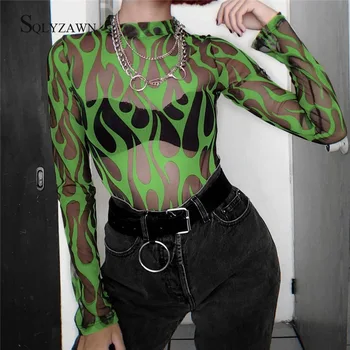 

Transparent Sexy Mesh Bodysuit 2019 Women Autum Flame Fire Print Clothes Neon Color Long Sleeve Bodysuits One Piece Bodies Suits