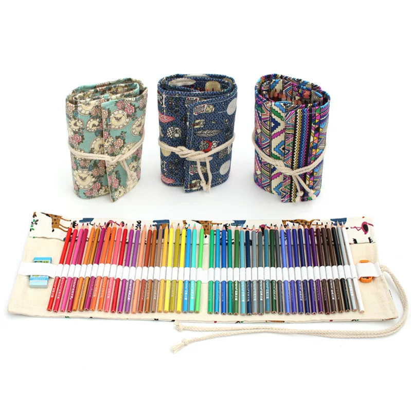 

48 Colors Erasable Colored Pencil Set Roll Up Canvas Pen Bag Case Cute Cartoon Sketching Drawing Pencils With Eraser Sharpener