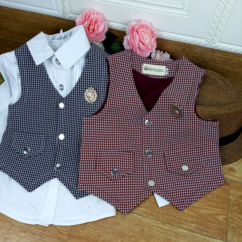 

Baby boy formal plaid woolen vest kids casual v-neck birthday party wedding top waistcoat