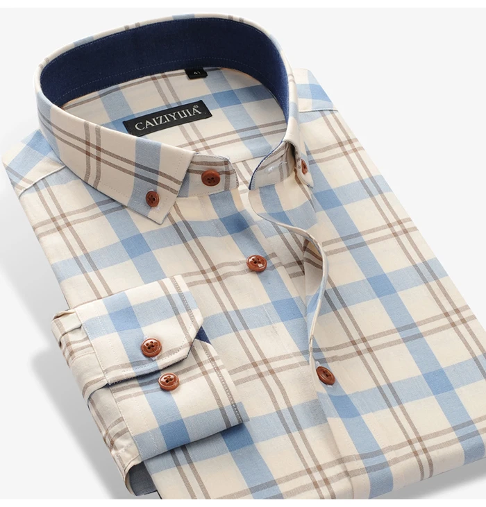 Men's 100% Cotton Long Sleeve Contrast Plaid Checkered Shirt Pocket-less Design Casual Standard-fit Button Down Gingham Shirts