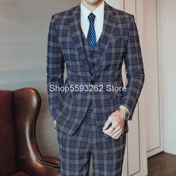 

Men Suit Suit Three-piece Set Groom Marriage Suit Grid Dress Slim Fit Hairstyle Teacher Men's Wear 6719