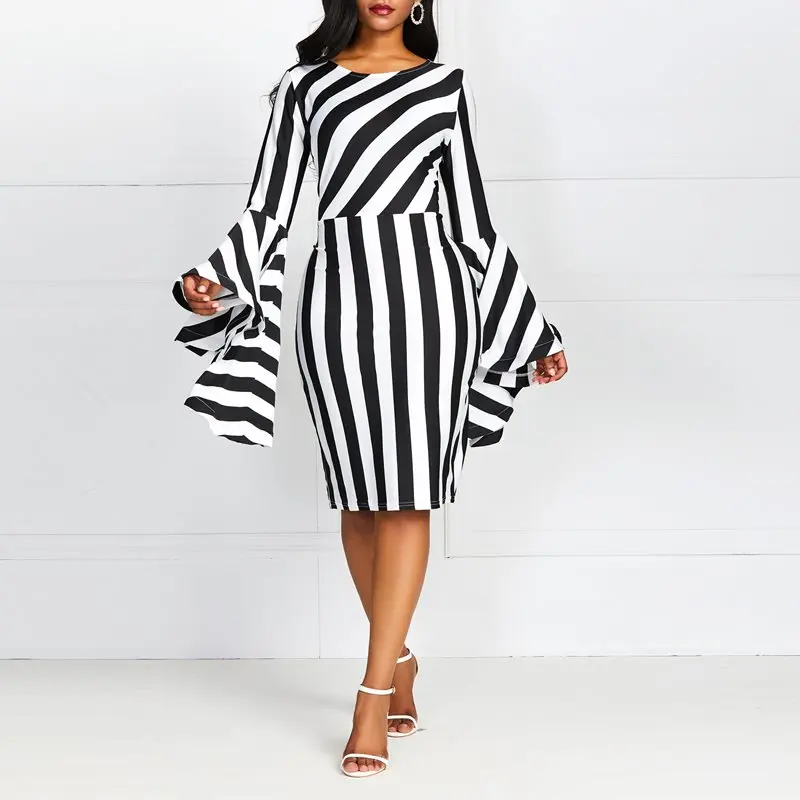 

Contrast Color Striped Flare Sleeve Bodycon Dress Vintage Black African Plus Size Dresses for Women 4xl Elegant Sexy Dress
