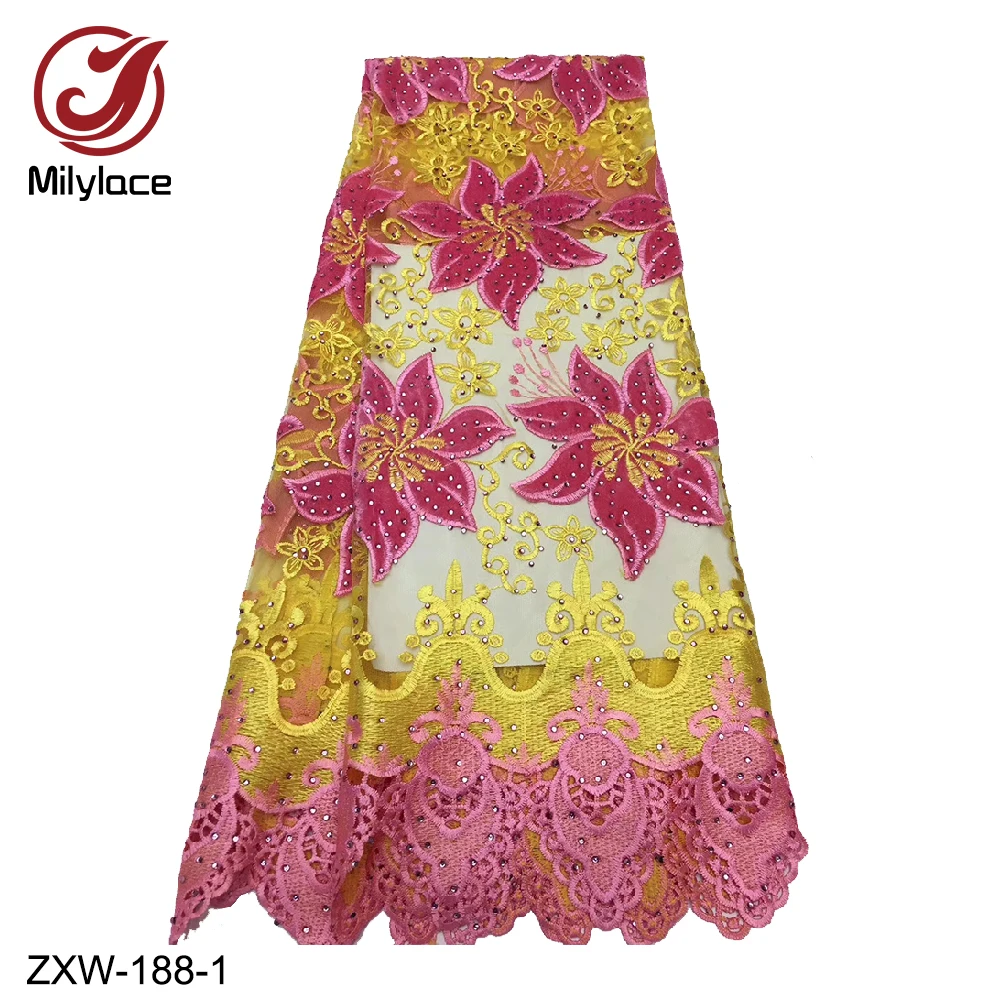 

New African Guipure Lace Fabric 2019 Beautiful Stones Lace Fabric Embroidery Mesh Velvet Tulle Lace Fabric ZXW-188