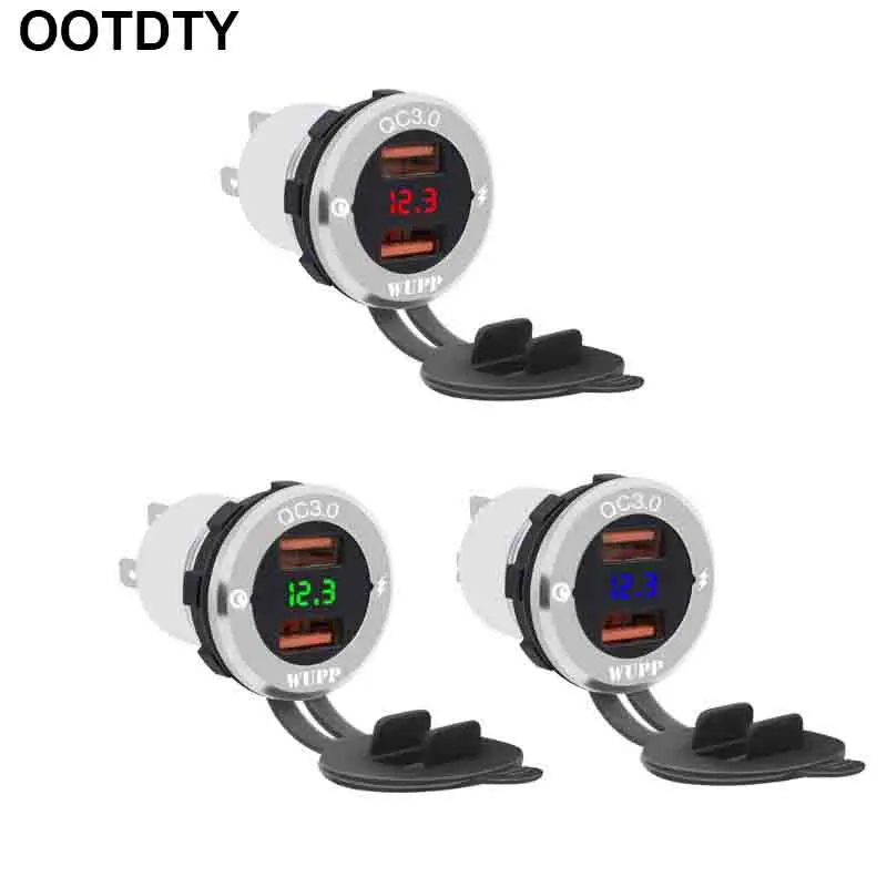 

12V/24V Aluminum Waterproof Dual QC 3.0 USB Fast Charger Socket Power Adapter With Voltmeter for Car Marine Boat Motorcycle Truc