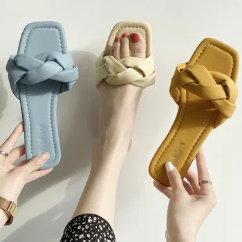 

2020 New Brand Slippers Weave Leather Women Sandal Open Toe Flat Casual Slides Summer Outdoor Beach Female Flip Flops