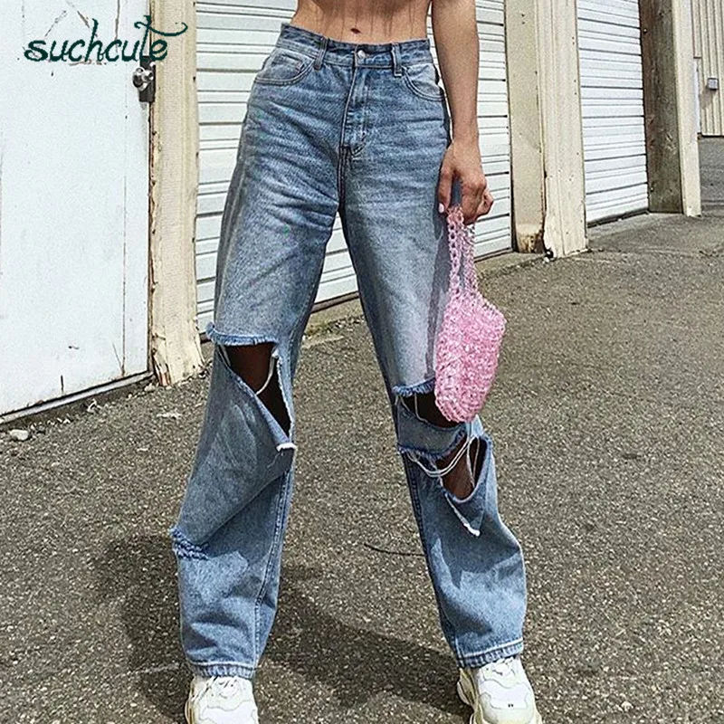 SUCHCUTE Hole Jeans Women Wide Leg Denim Pants Plus Size Punk Korean Style Trouser Casual Korean Style Harajuku Female Joggers