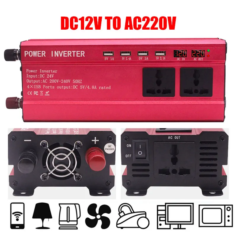 

Power Inverter Car Power Inverter Electronic Car Inverter Adapter Dual Digital Display DC 12V To AC 220V 4 USB Premium