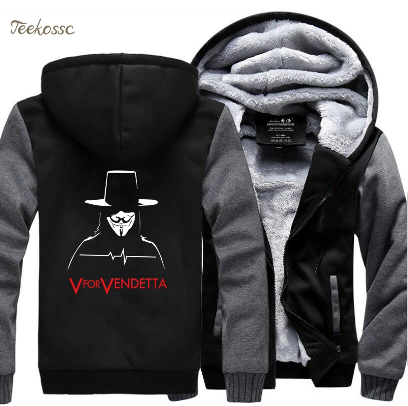V for Vendetta, мужская толстовка с капюшоном, куртки для мужчин,, Зимние флисовые толстовки на молнии, плотные толстовки, черная толстовка с капюшоном, пальто для мужчин