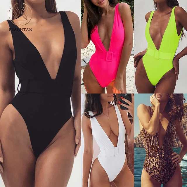 US $9.17 Peachtan Maillot de bain femme 2019 swimwear Women bodysuits One-pieces swimsuit High cut monokini 