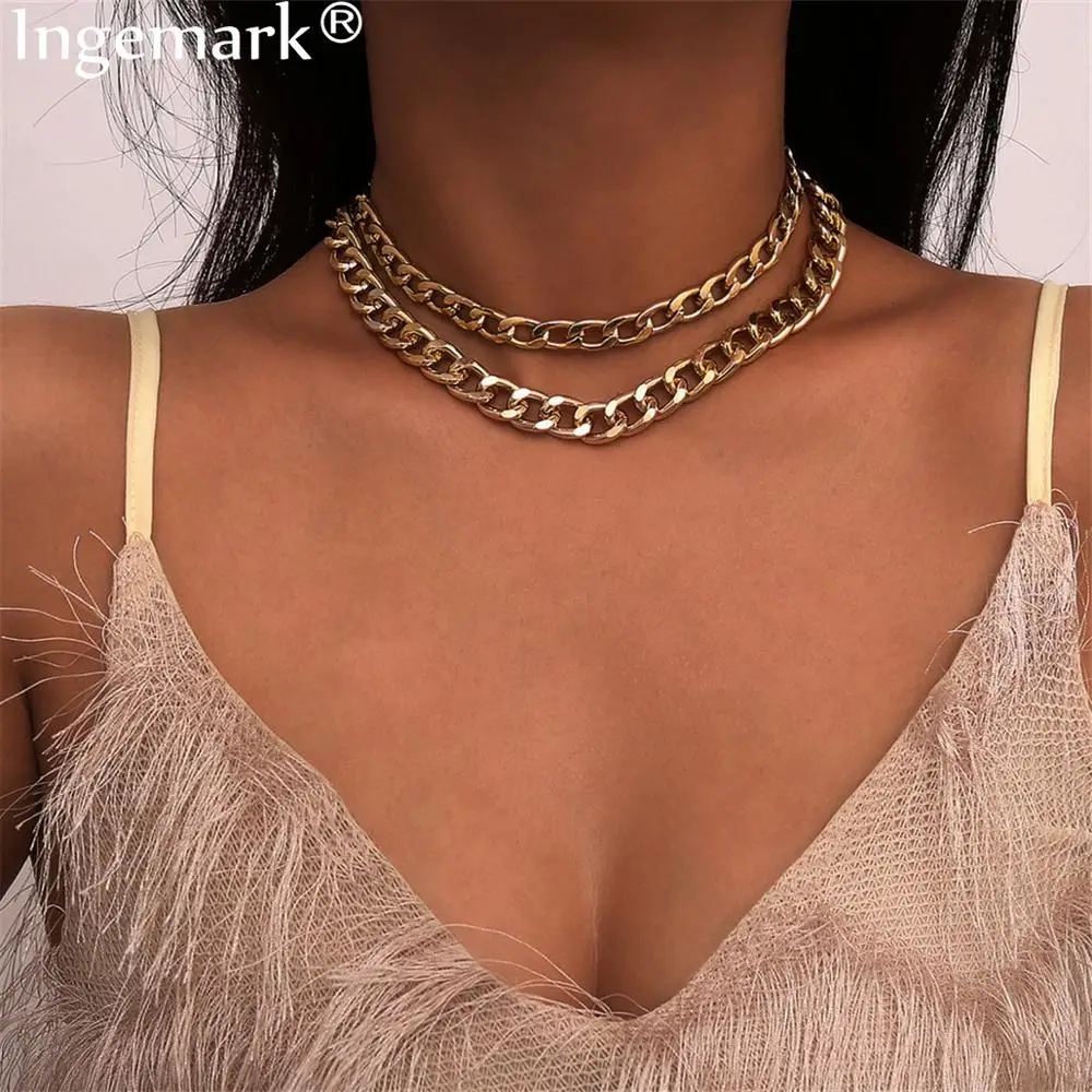 

Punk Curb Cuban Gold Snake Chain Necklace Choker Women Men Steampunk Two Layered Link Thick Necklace Collier Femme Accessories