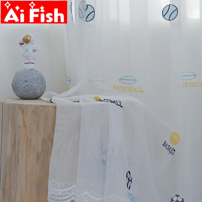 

Football Embroidered Children's Bedroom Curtains Tulle Boys Sheer Curtains for Living Room Tulle White Voile Curtains wp422-5