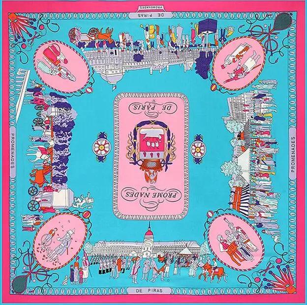 New Arrival Brand Shawl 100% Twill Silk Scarf Working in Paris 130cm Square Scarves Print Kerchief Bandana Woman Headband Hijab 2