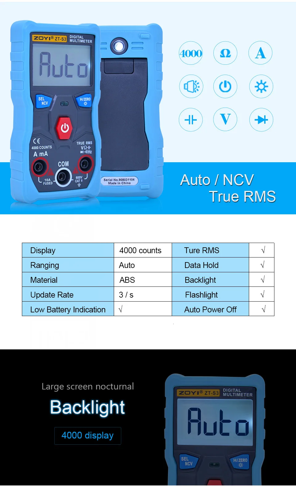 AC DC Цифровой мультиметр autoranging ZT-S3 4000 отсчетов TRMS Емкость тестер частоты+ NCV/Zero/огонь провода измерения