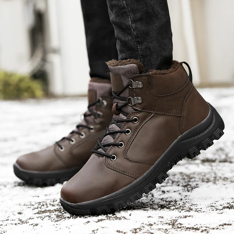 

Snow Boots Men Winter Casual Shoes Leather Waterproof Work with fur warm plush snow boots Men Ankle Boots Military Botas a4