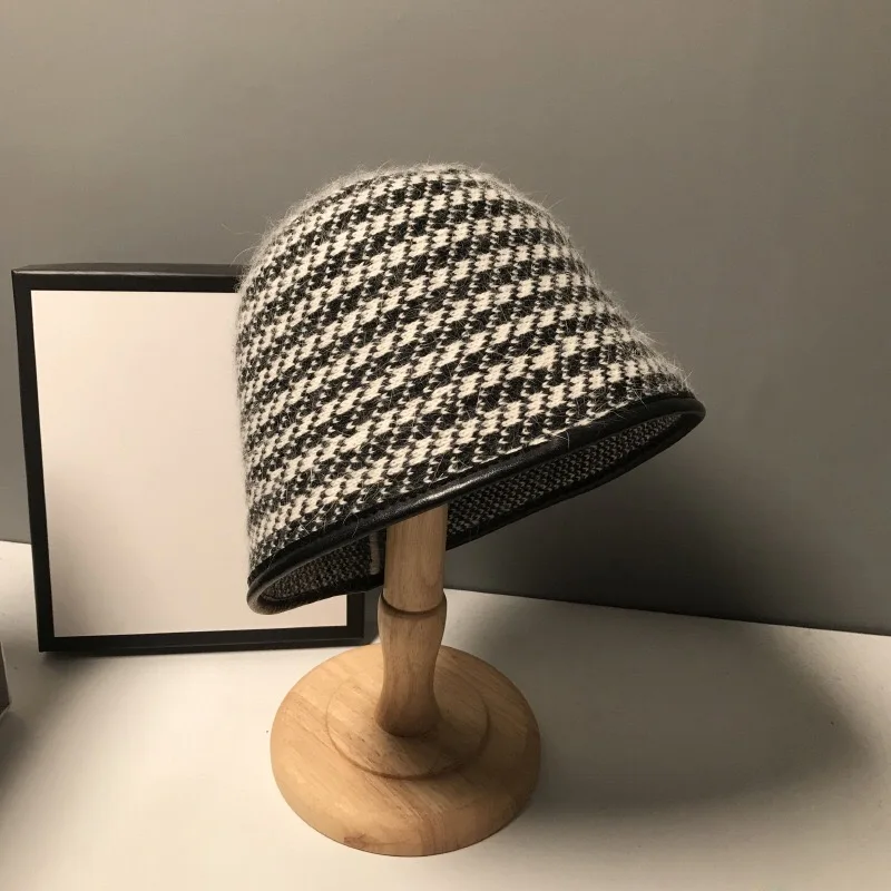 

Fashion Women Hat Autumn Winter Bucket cap fisherman's hat warm knitted yarn thousand bird pattern Black Ladies Beret Lady hat