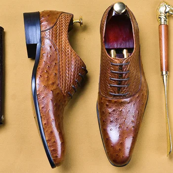 

New Ostrich Pattern Mens Dress Shoes Genuine Cow Leather Pointed Toe Formal Suit Shoes Office Wedding Man Oxford Shoes EU 46