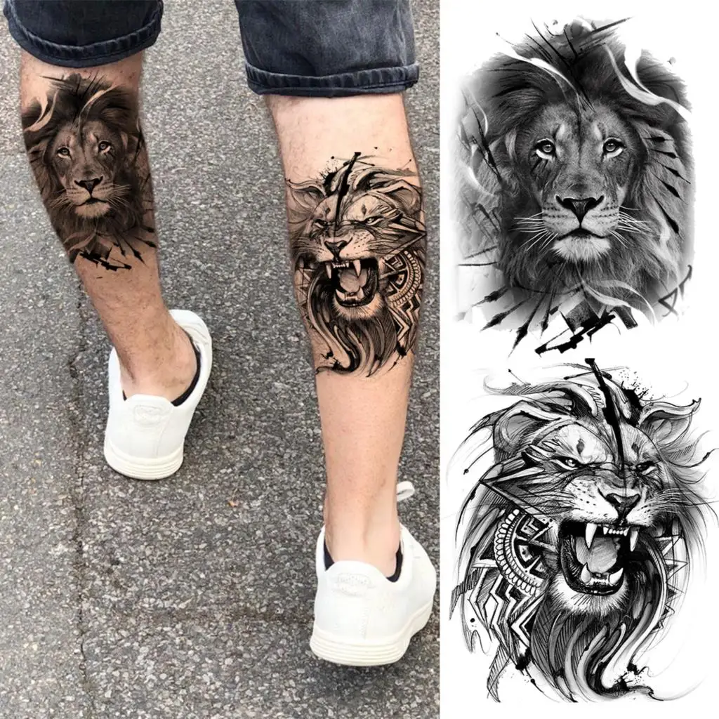 Black Lion Fashion Calf Temporary Tattoos For Women Adult Men Lion Geometric Owl Fake Tattoo Realistic