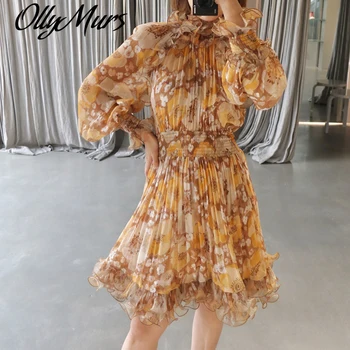 

2020 New Autumn Designer Runway Dress Women's Long Sleeve Ruffles Floral Print Smocked Waist Casual Dress