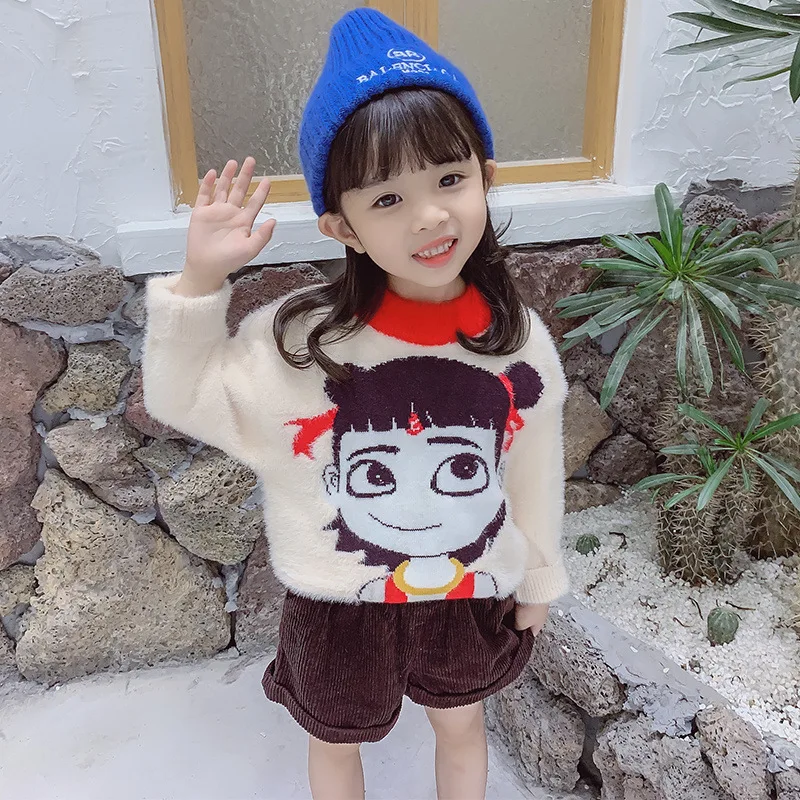 

Kids' Sweater 2019 Autumn New Style Children Nezha Mink Cashmere Sweater Girls Cute Base Shirt