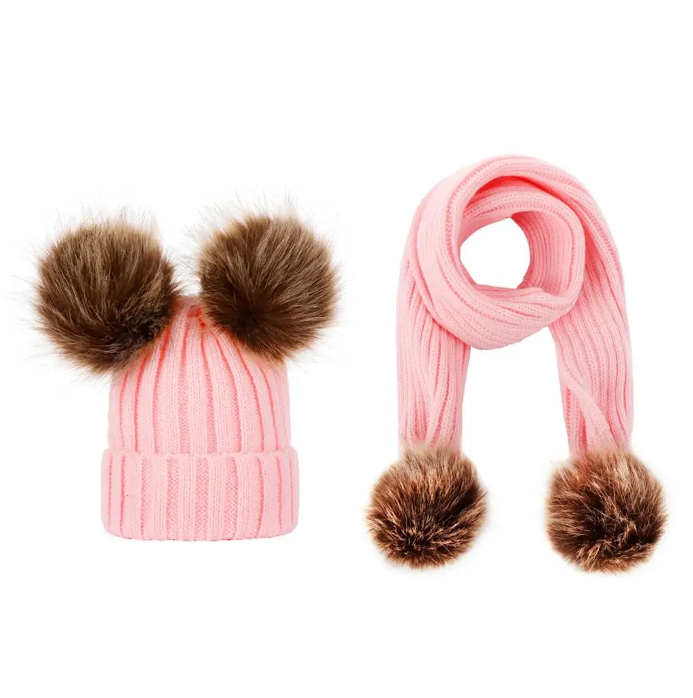 Pink Set 1/2 предмета, Зимний милый мягкий удобный теплый шарф из искусственного меха с помпоном, теплая вязаная шапка, шерстяная шапка, Детские шапочки, рождественские шапки - Цвет: Pink Set