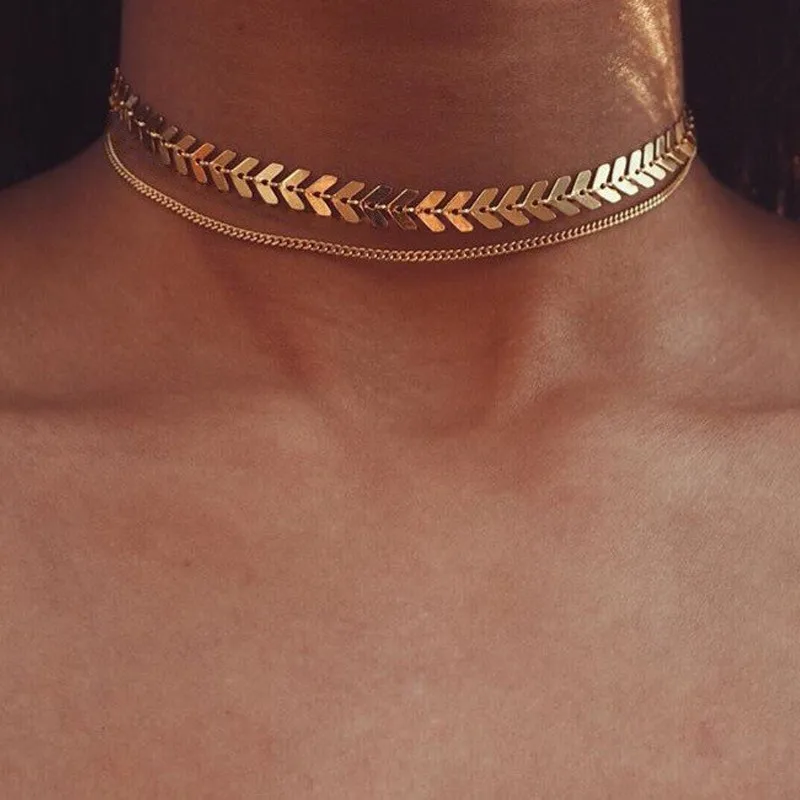 Женское Ожерелье-чокер с плоской цепочкой, колье на шею, Двухслойное ожерелье, золотое ожерелье с рыбьей костью и самолетом