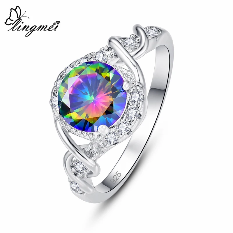 

lingmei Drop Shipping Cocktail Gorgeous Jewelry Round Zircon Jewelry Wedding Rings 925 Silver Ring Size 6 7 8 9 Christmas Gifts