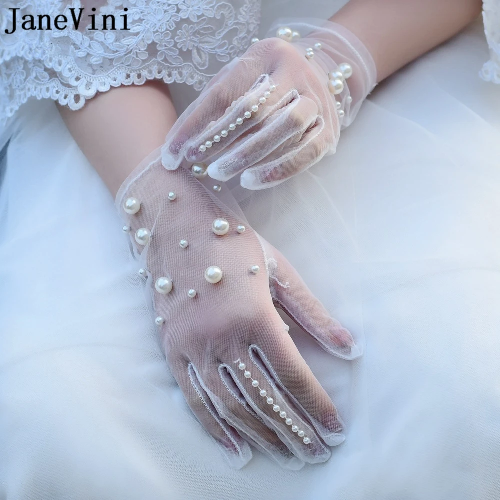 JaneVini 2021 Elegant White Short Wedding Gloves for Bride Full Finger Wrist Length with Pearls Gant Tulle Wedding Accessories