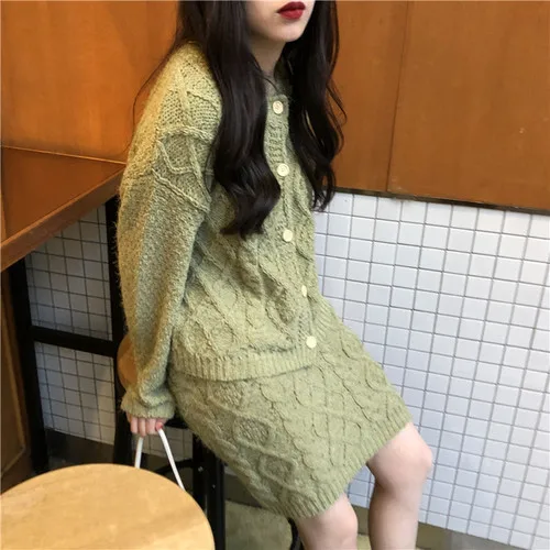 green Neploe вязанные комплекты, однобортный свитер с круглым вырезом, кардиган+ мини стрейчевая юбка с высокой талией, женские костюмы осень-зима 55892 - Цвет: green