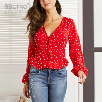 

Sbetro Red Dot Print Drawstring Front Long Lantern Sleeve Peplum Top Fashion Elegant Autumn Spring Bohemia Tops