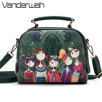 

Cartoon Square Printing Dark Green Forest Women Leather Messenger Shoulder Bag Retro Tote Bag Woman Handbags
