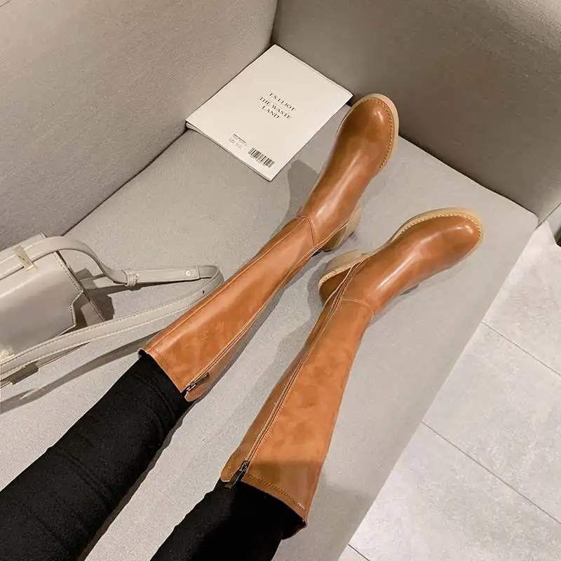 Bottes femme riding boots women's knight boots cow leather round toe thick high heels knee-high boots keep warm botas mujer