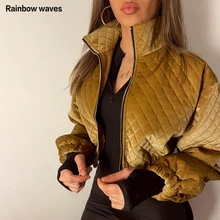 

Rainbowwaves Winter Women's Coat Diamond Plaid Stand Collar Zipper Short Tops Vintage Casual Street Quilted Cotton Jacket