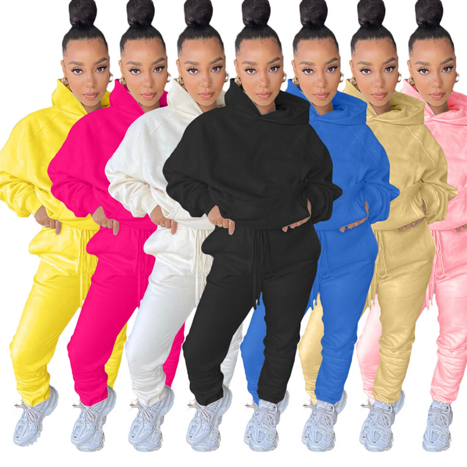 

Women 2PCS Sports Tracksuits Autumn Casual Loose Hooded Sweatshirt with Pocket Drawstring Elastic Waist Pants Sets Solid Color