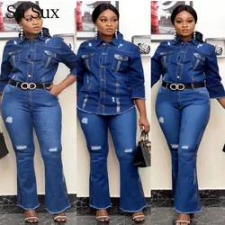 Casual Jeans Two Piece Set Women Outfits Denim Suit High Quality Set Half Sleeve Top&Flare Pants Set Tracksuit 2020 Autumn