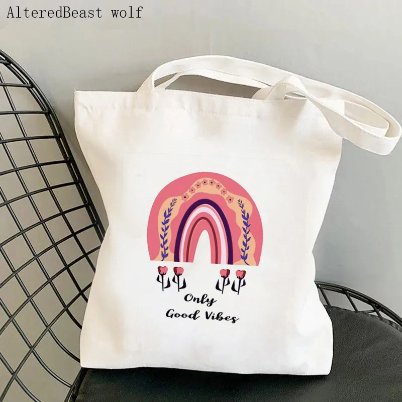 Women Shopper bag Only Good Vibes Printed Kawaii Bag Harajuku Shopping Canvas Shopper Bag girl handbag Tote Shoulder Lady Bag