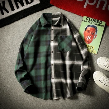 

Autumn Patchwork Shirt Men Plaid Long Sleeve Shirts Men Hip Hop Casual Pocket Streetwear Shirts Coats Fashion Clothesb50